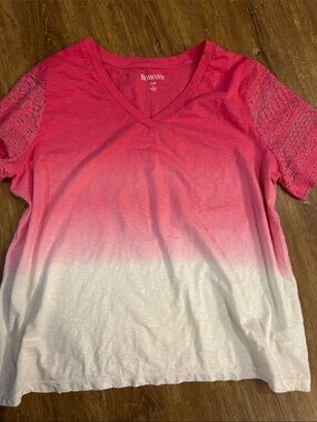 Roaman's Pink to White Ombre V-Neck Top with Lace Sleeves